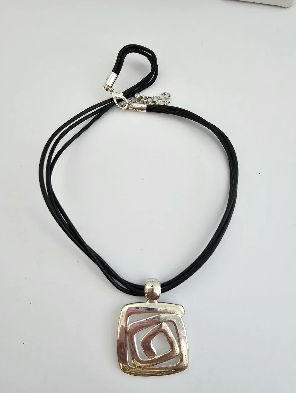 Modernist Geometric Spiral Pendant Necklace Black Multi Strand Cord Abstract